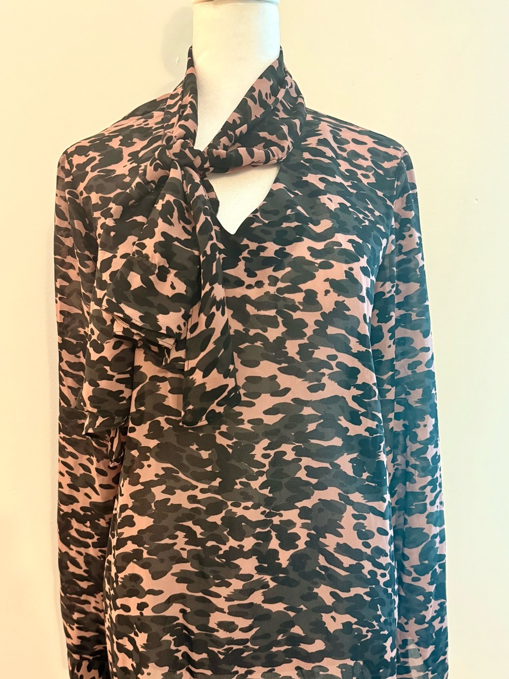 CAbi Taupe and Black Scarf-Neck Printed Blouse